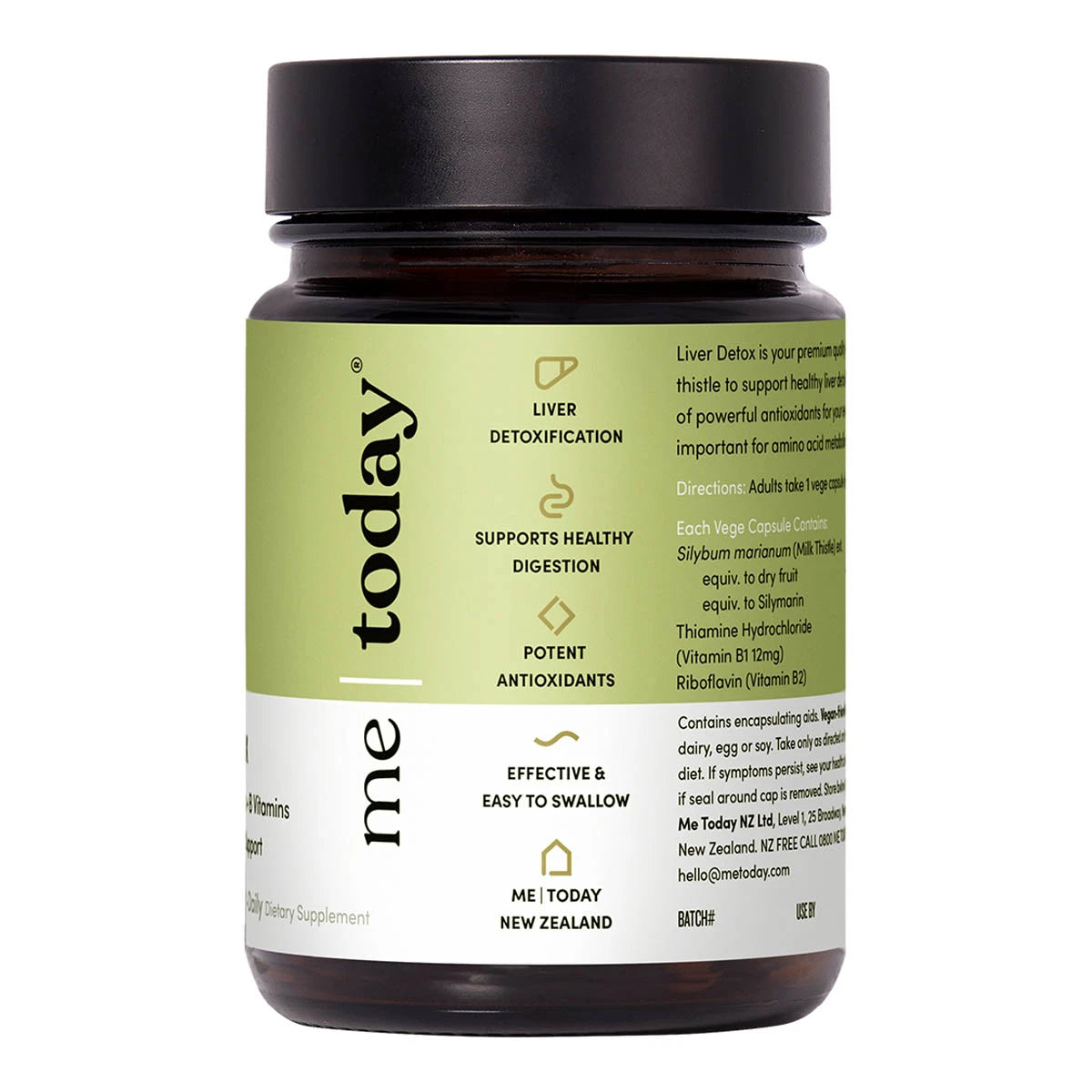 Side of Liver detox bottle with green label showing product highlights.