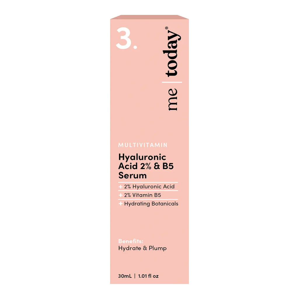 A tall, slim pink box for Hyaluronic Acid 2% & B5 Serum.