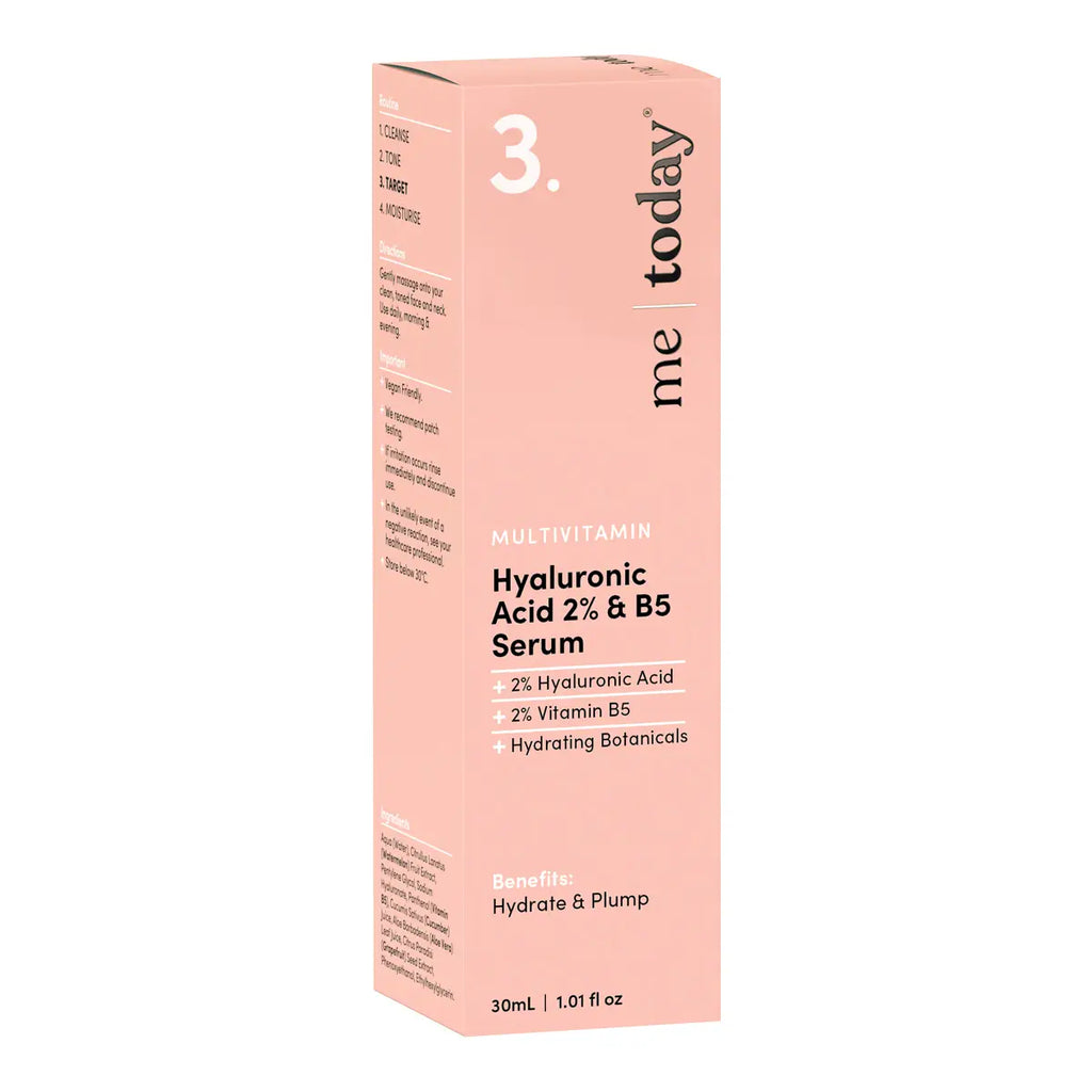 A tall, slim pink box of Hyaluronic Acid 2% & B5 Serum.