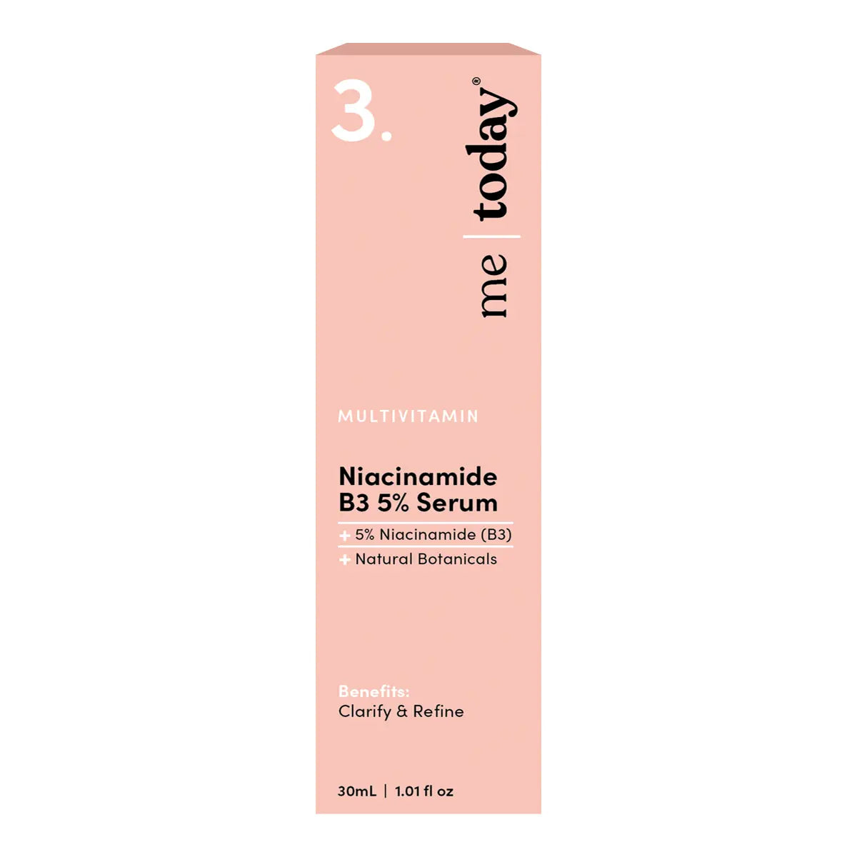 A tall, slim pink box for Niacinamide B3 5% Serum, featuring black text.