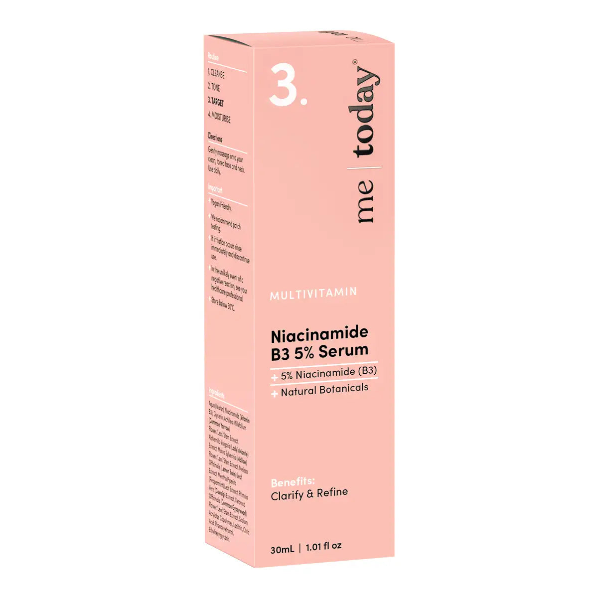 A tall, slim pink box of Niacinamide B3 5% Serum, featuring black text.