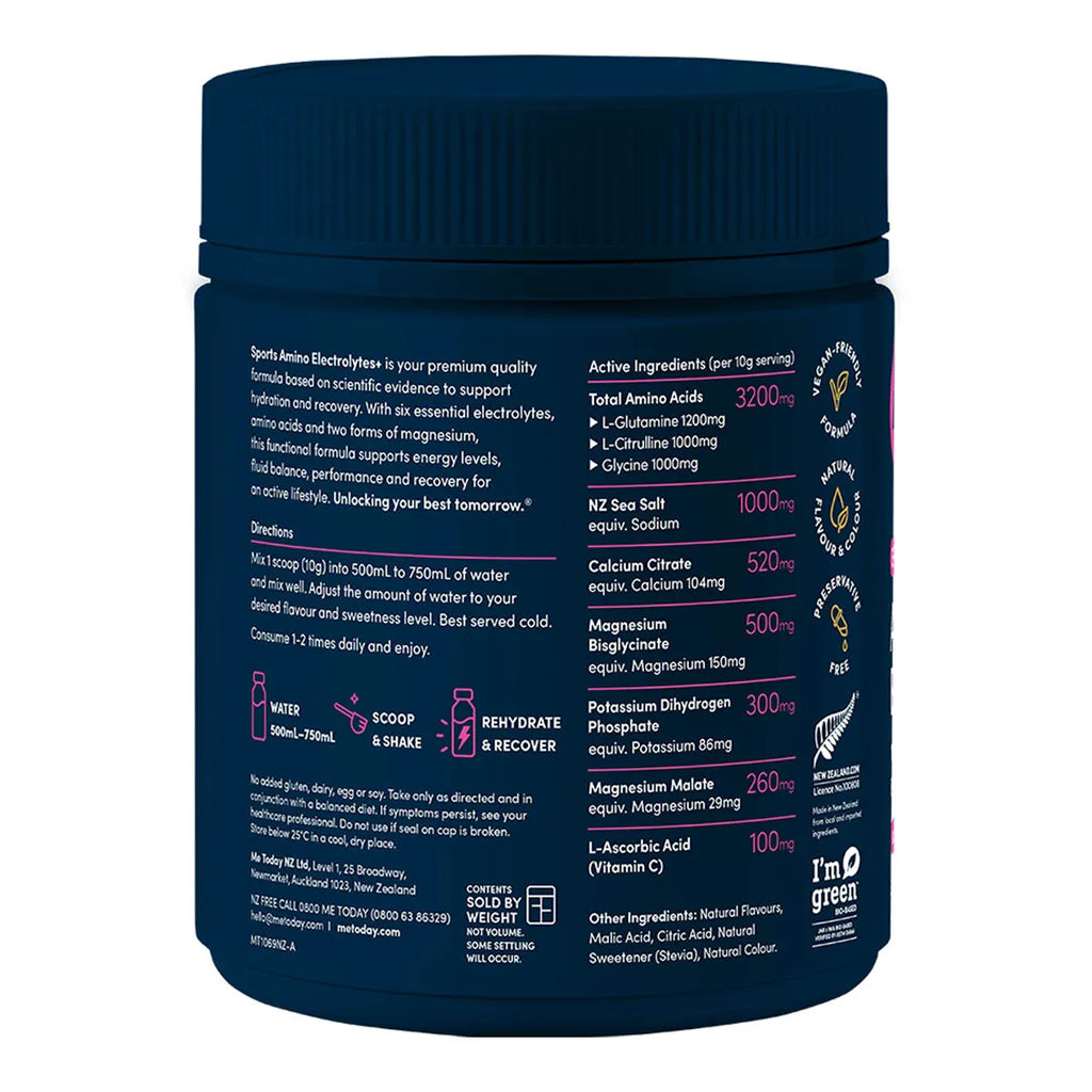 A dark navy blue bottle of Sports Amino Electrolytes shown from the back, displaying detailed text, nutritional information, and usage directions on a clean white background.
