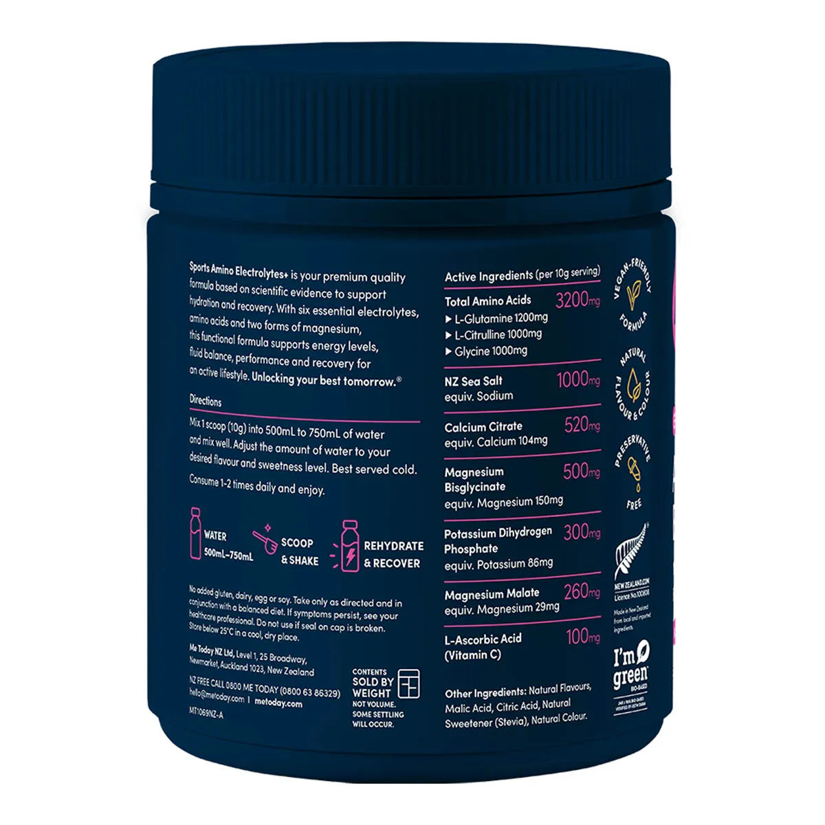 A dark navy blue bottle of Sports Amino Electrolytes shown from the back, displaying detailed text, nutritional information, and usage directions on a clean white background.