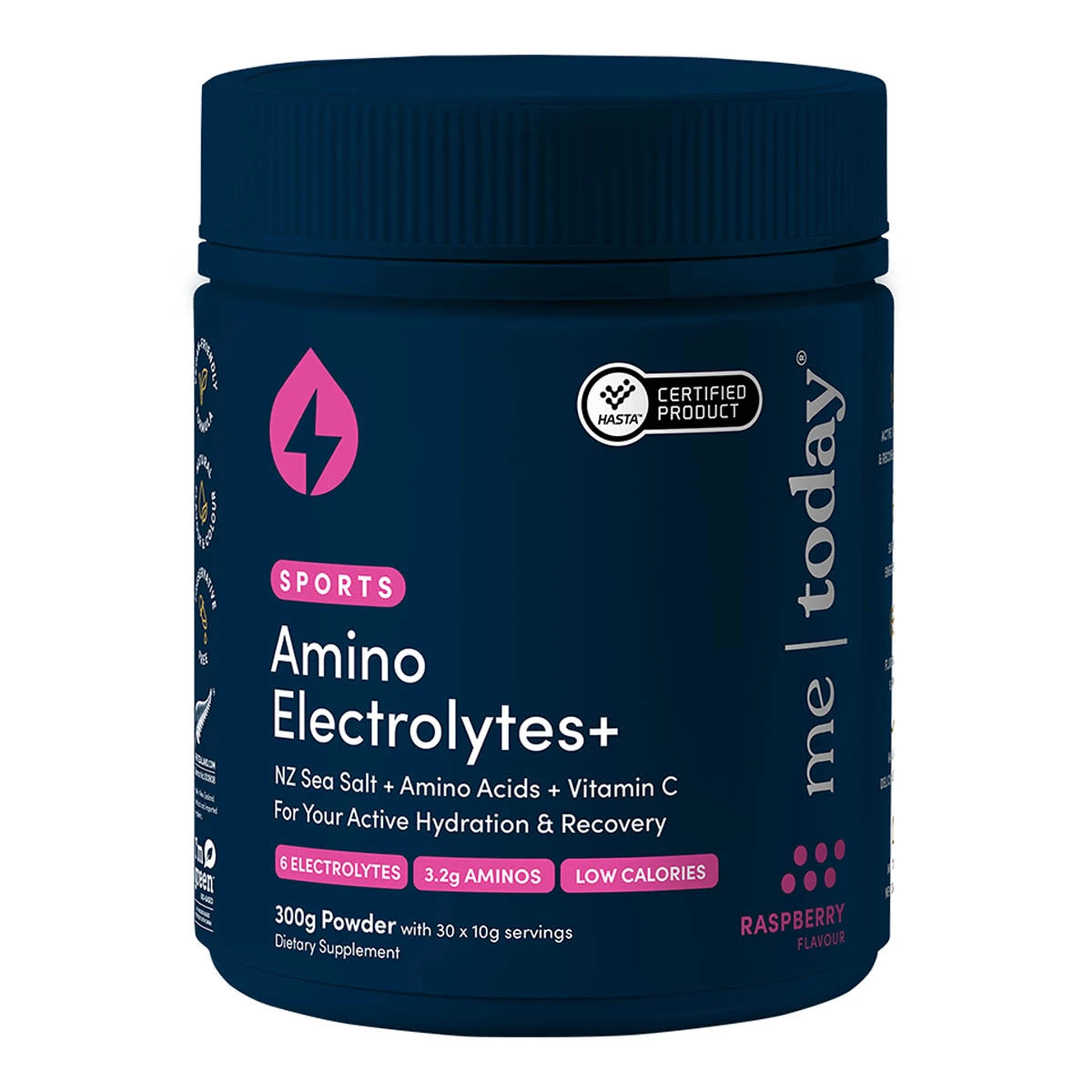 A dark blue plastic tub of 'me today' brand Sports Amino Electrolytes+ dietary supplement powder, featuring a dark blue lid and white and pink text on the label.