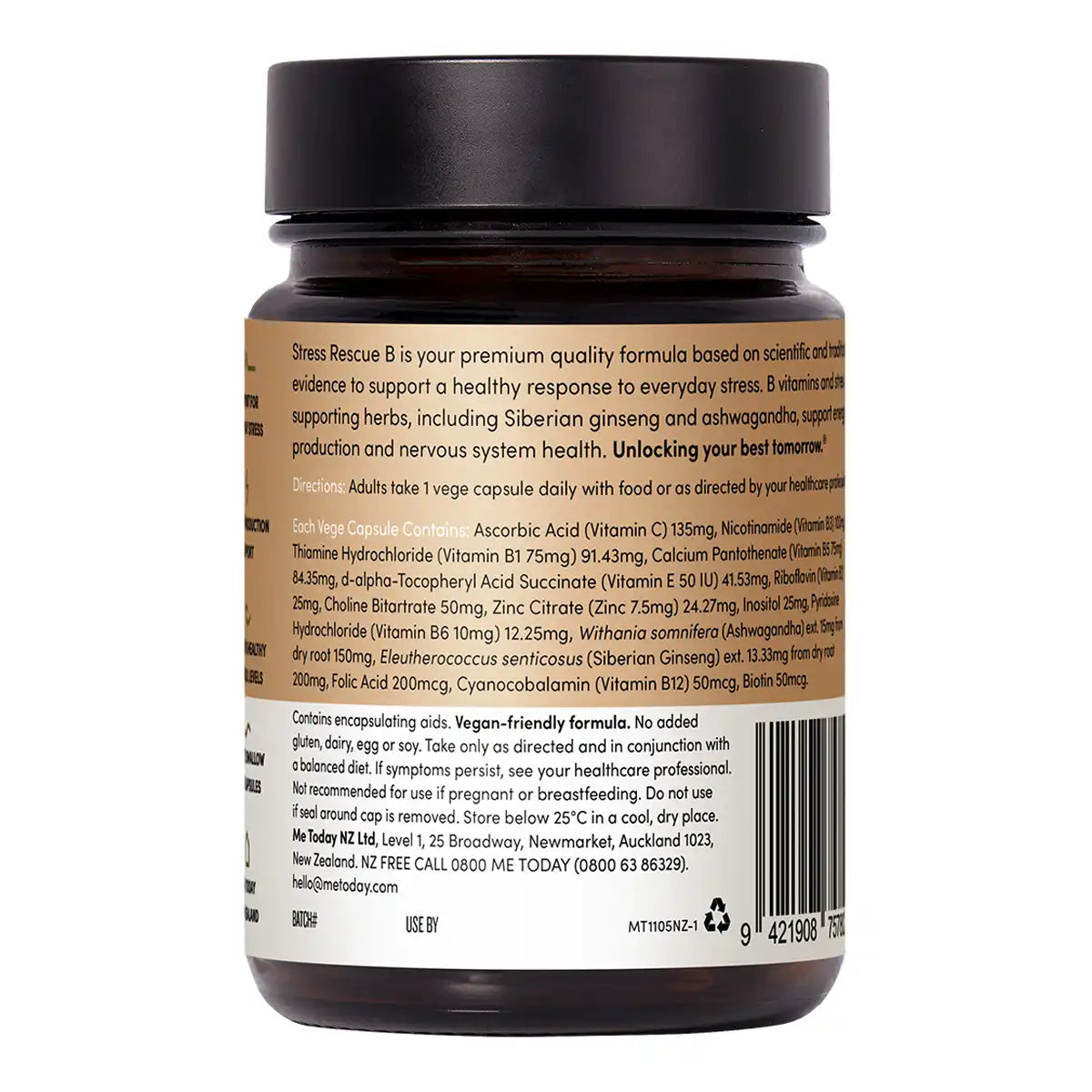 Back of supplement bottle for Stress Rescue B, showing the product description, directions, and ingredients.