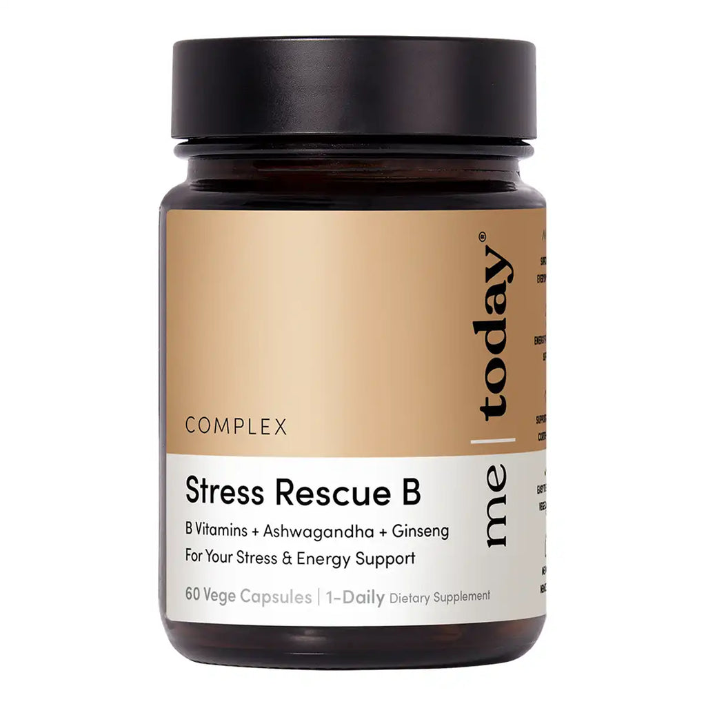 Amber supplement bottle of Stress Rescue B, with a tan and white label and black cap.