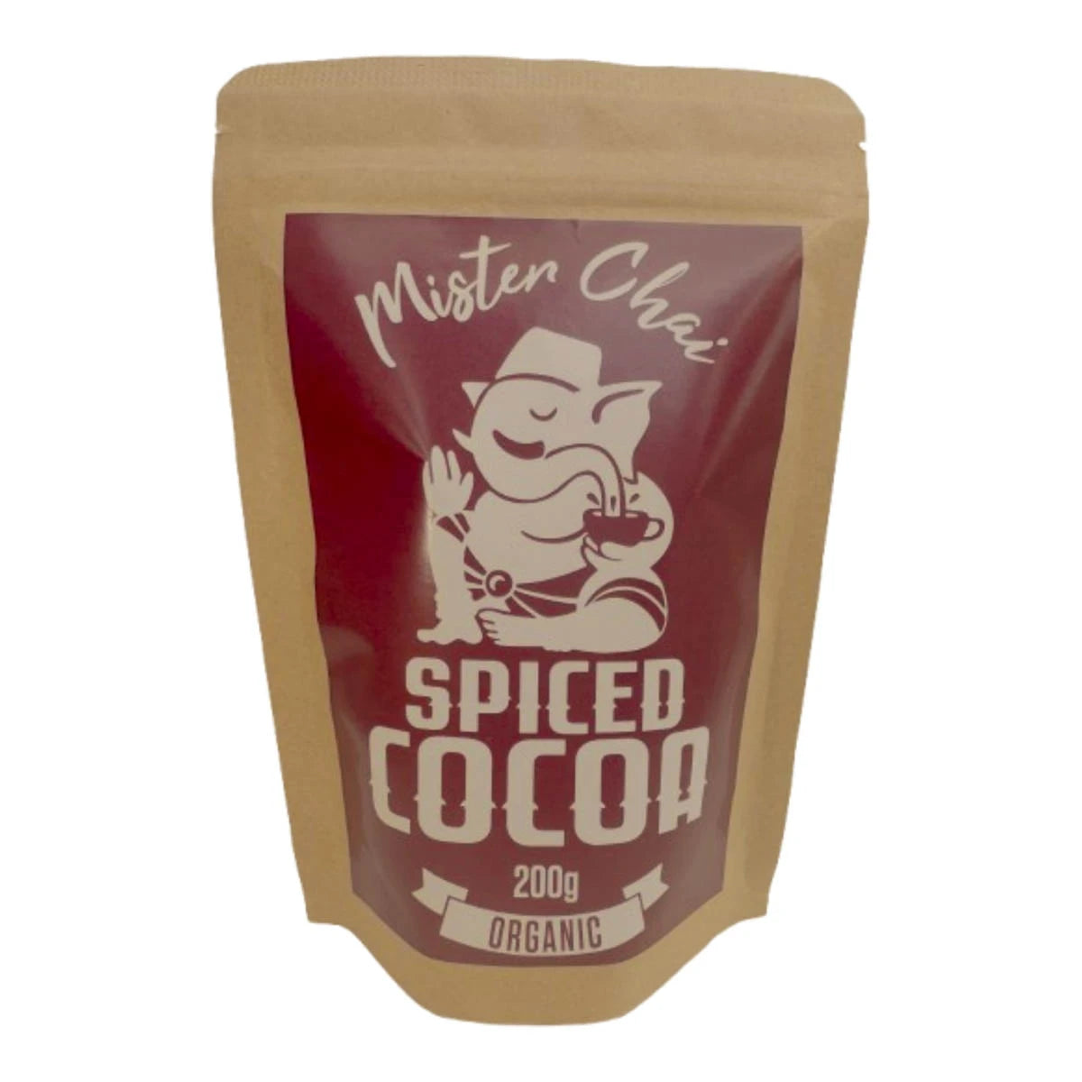 Packaged spiced cocoa from Mister Chai on a white background