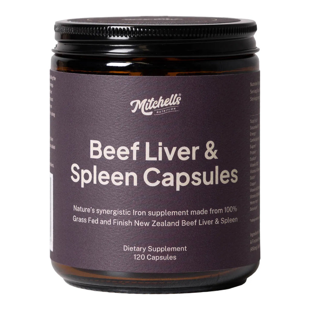 Mitchells Nutrition Beef Liver & Spleen Capsules in an amber glass jar with a dark purple label and black lid, on a white background.