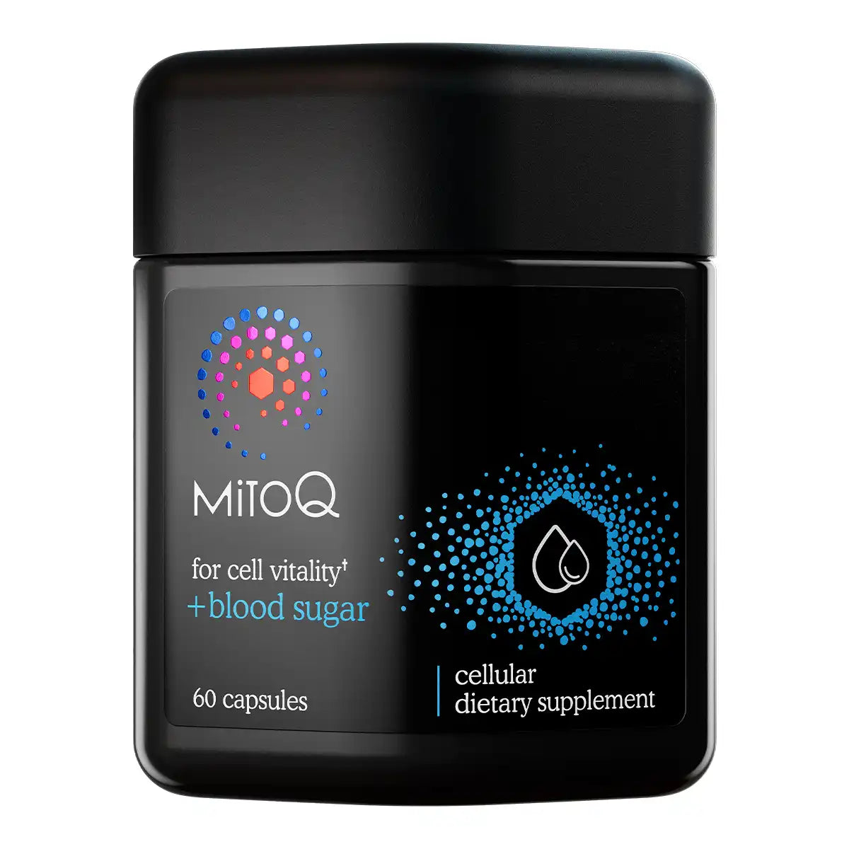 A black jar of MitoQ cellular dietary supplement with a black lid, featuring a label with blue, white, and multicolor graphics.