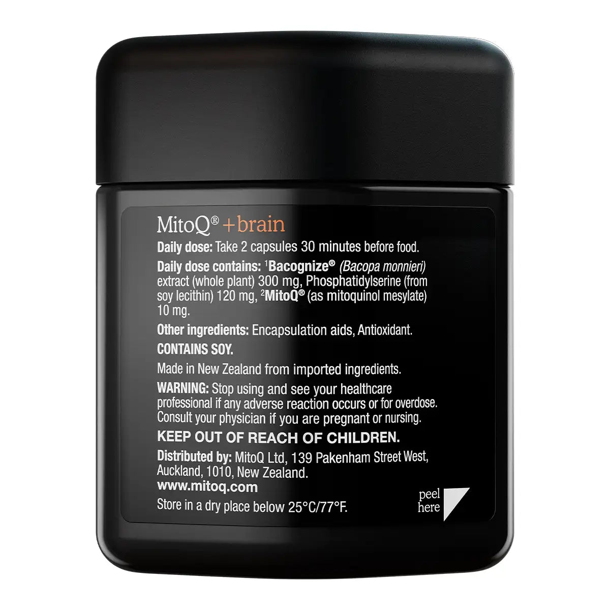 A black cylindrical supplement jar showing the back label for MitoQ +Brain.