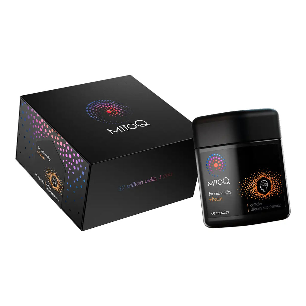 MitoQ dietary supplement shown with its black retail box and a black jar.