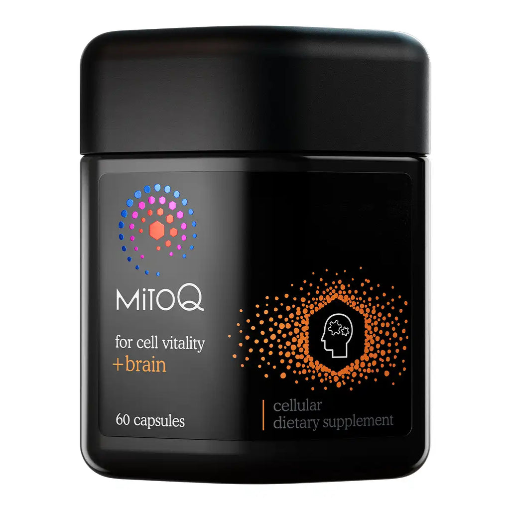 A black supplement jar labelled MitoQ for cell vitality + brain, containing 60 capsules, on a plain white background.