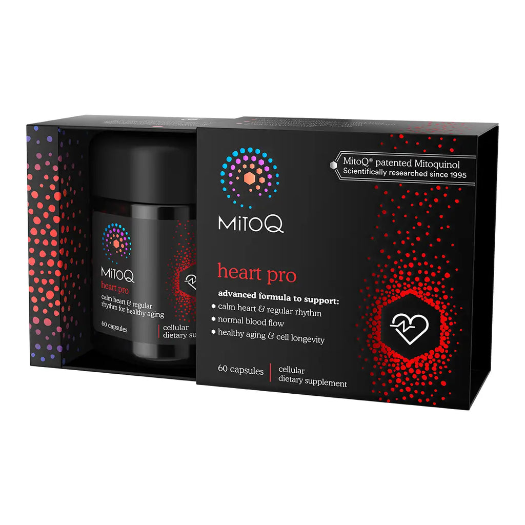 MitoQ Heart Pro dietary supplement box and bottle, featuring a black container and packaging with red and multicolored dot patterns.