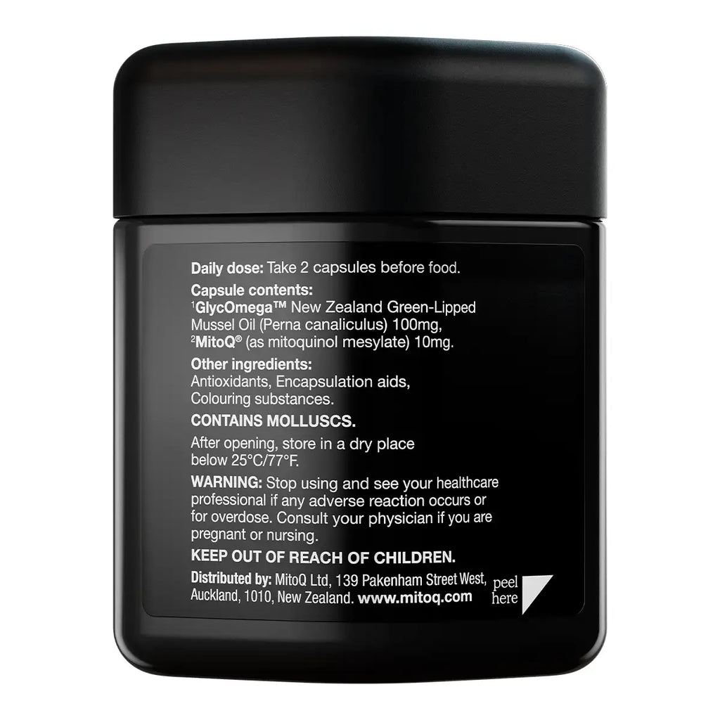 A black jar of MitoQ capsules shown from the back, displaying the white printed product information label.