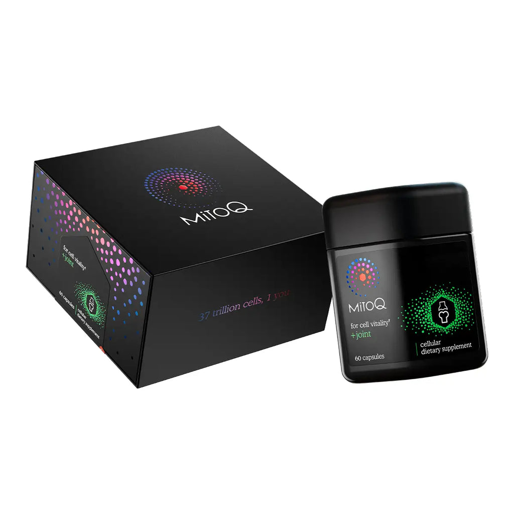 MitoQ supplement shown with its black outer box and a smaller black jar with a black lid on a plain white background.