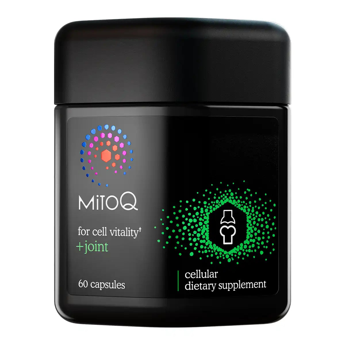 A black jar of MitoQ cellular dietary supplement with a black lid, featuring a label with a colorful dot pattern.