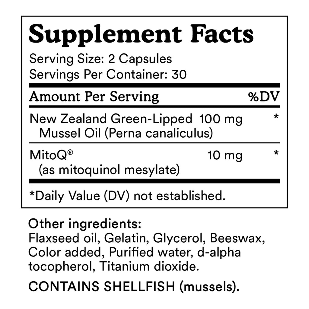 A black and white Supplement Facts label showing New Zealand Green-Lipped 100mg Mussel Oil and MitoQ.