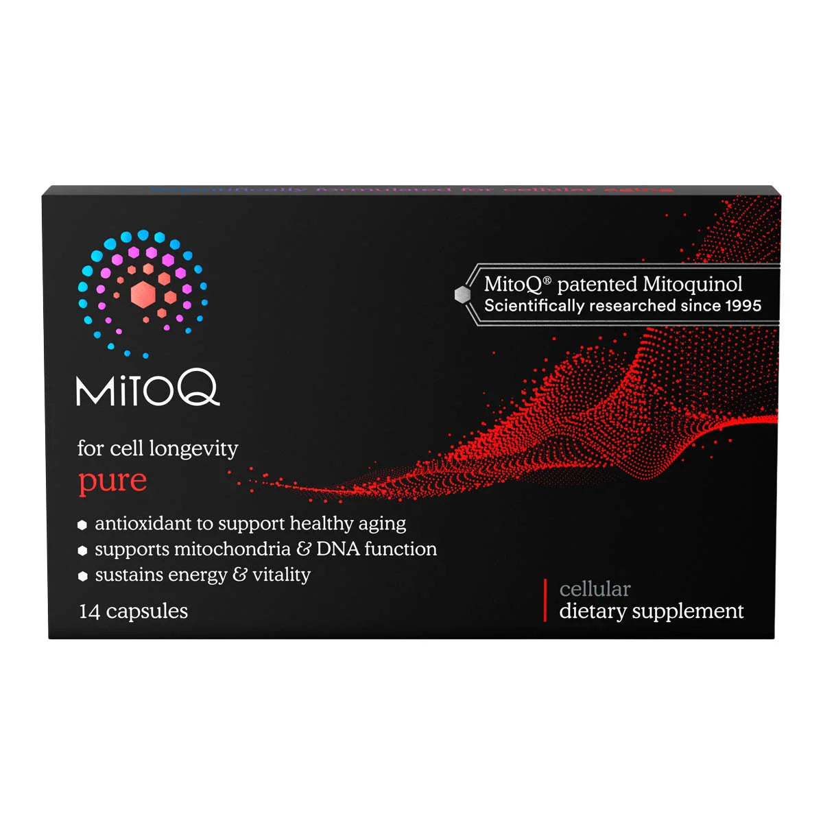 MitoQ Cellular Dietary Supplement box in black with red and white text and graphics, containing 14 capsules.