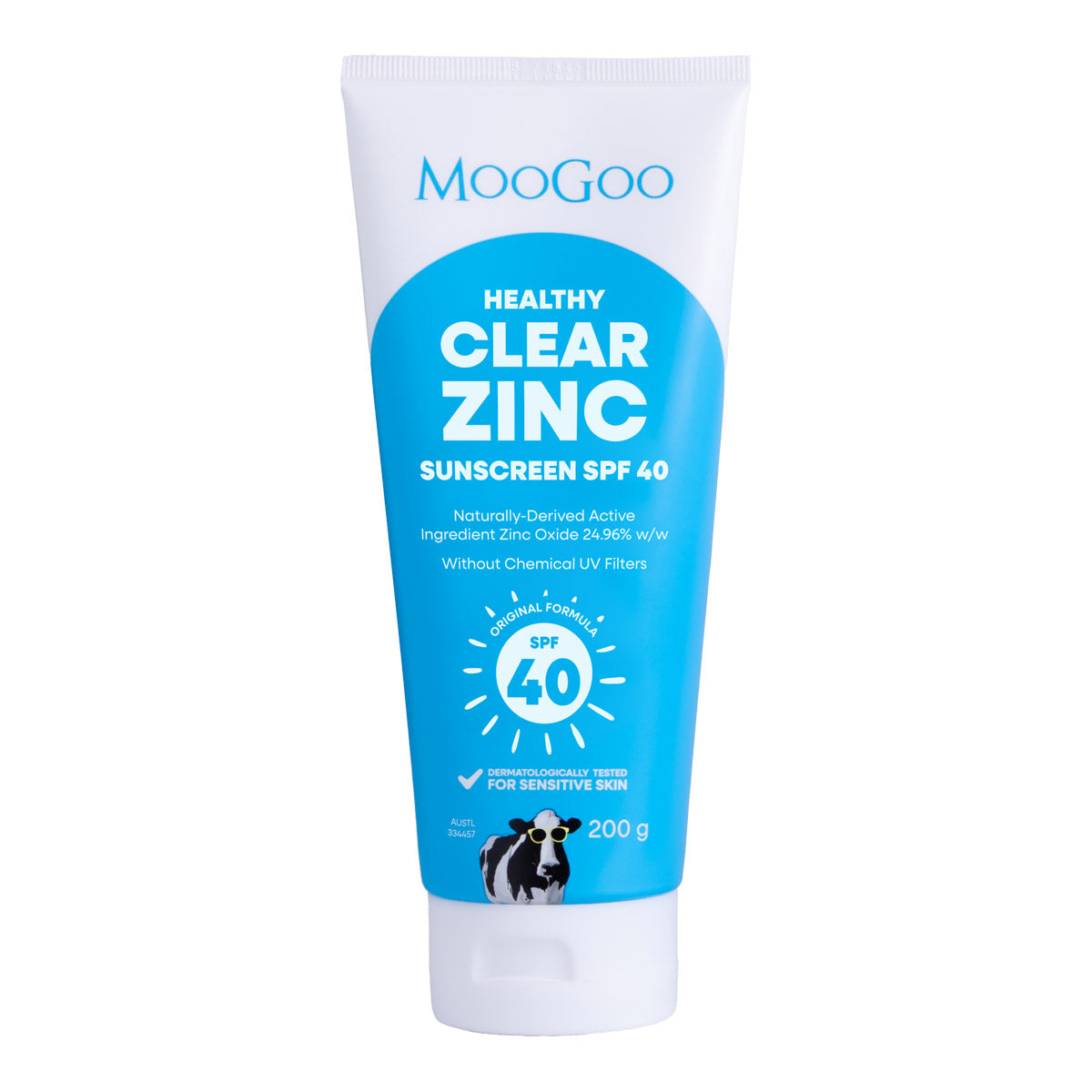 Moogoo Healthy Clear Zinc Sunscreen SPF 40 tube on a white background