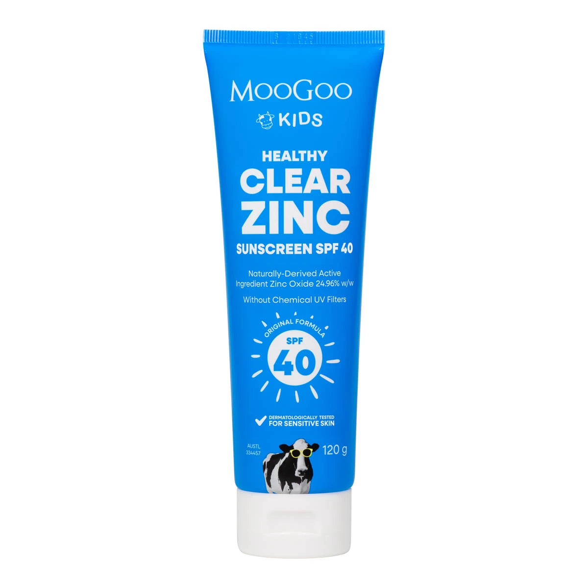MooGoo Kids Clear Zinc Sunscreen in a blue tube.