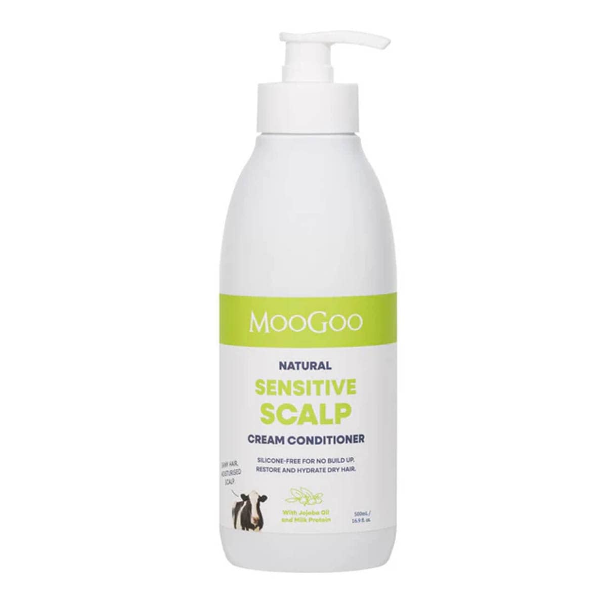 Moogoo sensitive scalp cream conditioner 500ml bottle on a white background