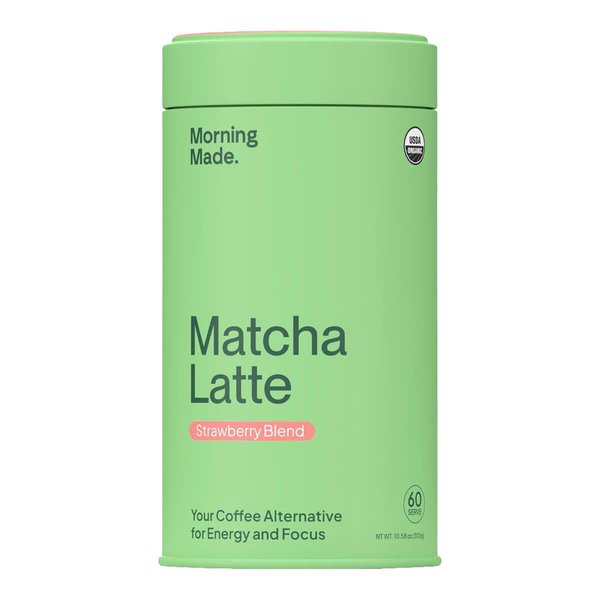 Green container of Matcha Latte with 'Morning Made' branding on a white background.