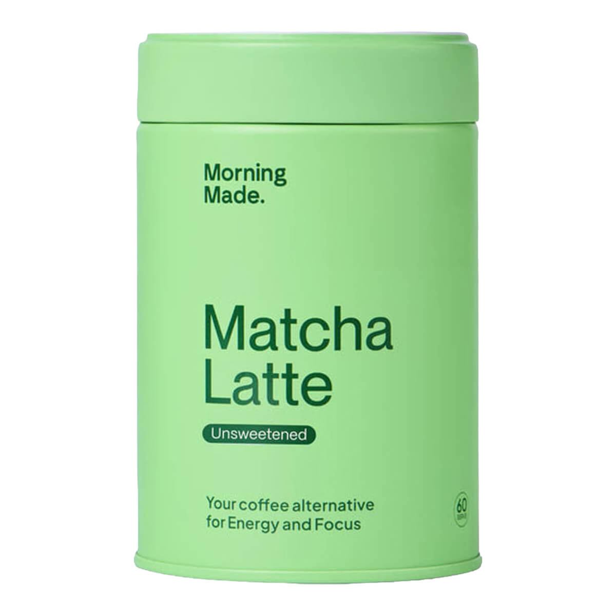 Green container of 'Morning Made' Matcha Latte on a white background.
