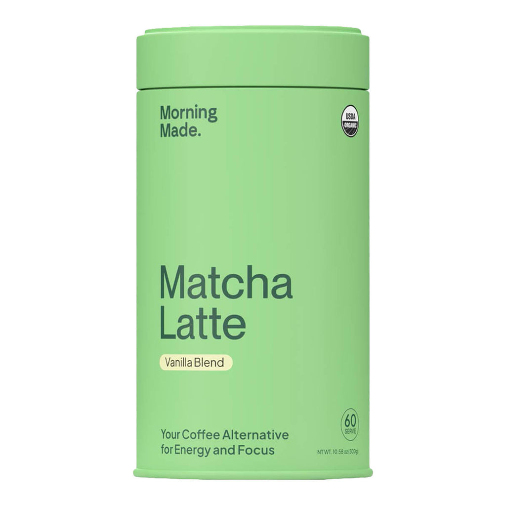 Green container of Matcha Latte Vanilla Blend by Morning Made on a white background.