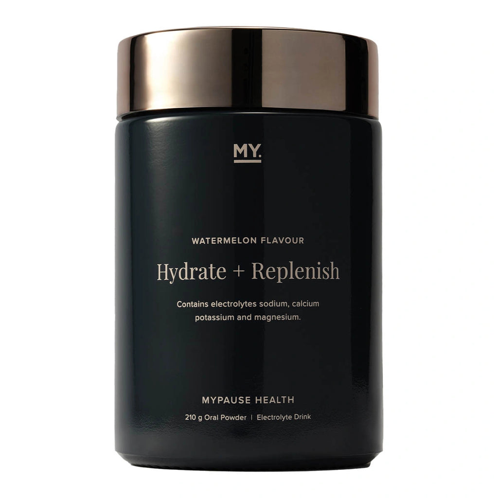 A black cylindrical jar of MYPause Health Hydrate + Replenish watermelon flavour electrolyte powder, featuring a metallic rose gold lid, on a solid white background.