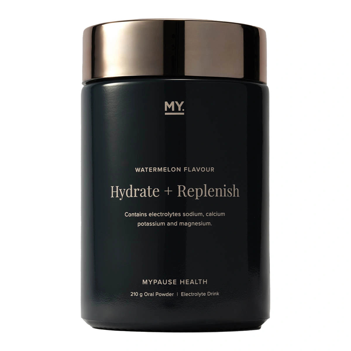 A black cylindrical jar of MYPause Health Hydrate + Replenish watermelon flavour electrolyte powder, featuring a metallic rose gold lid, on a solid white background.