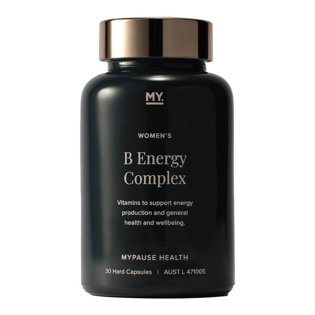 A black bottle of MYPAUSE HEALTH Women's B Energy Complex with a metallic gold cap, shown on a plain white background.