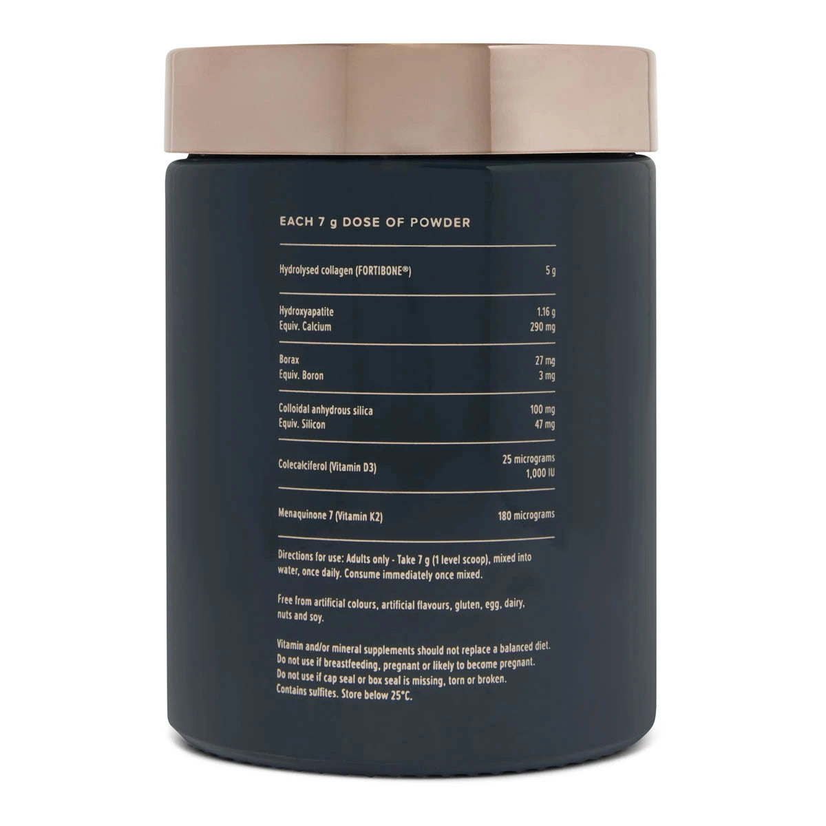 A dark navy blue supplement powder jar with a beige lid, showing the back label with ingredients and dosage information in white text, on a white background.