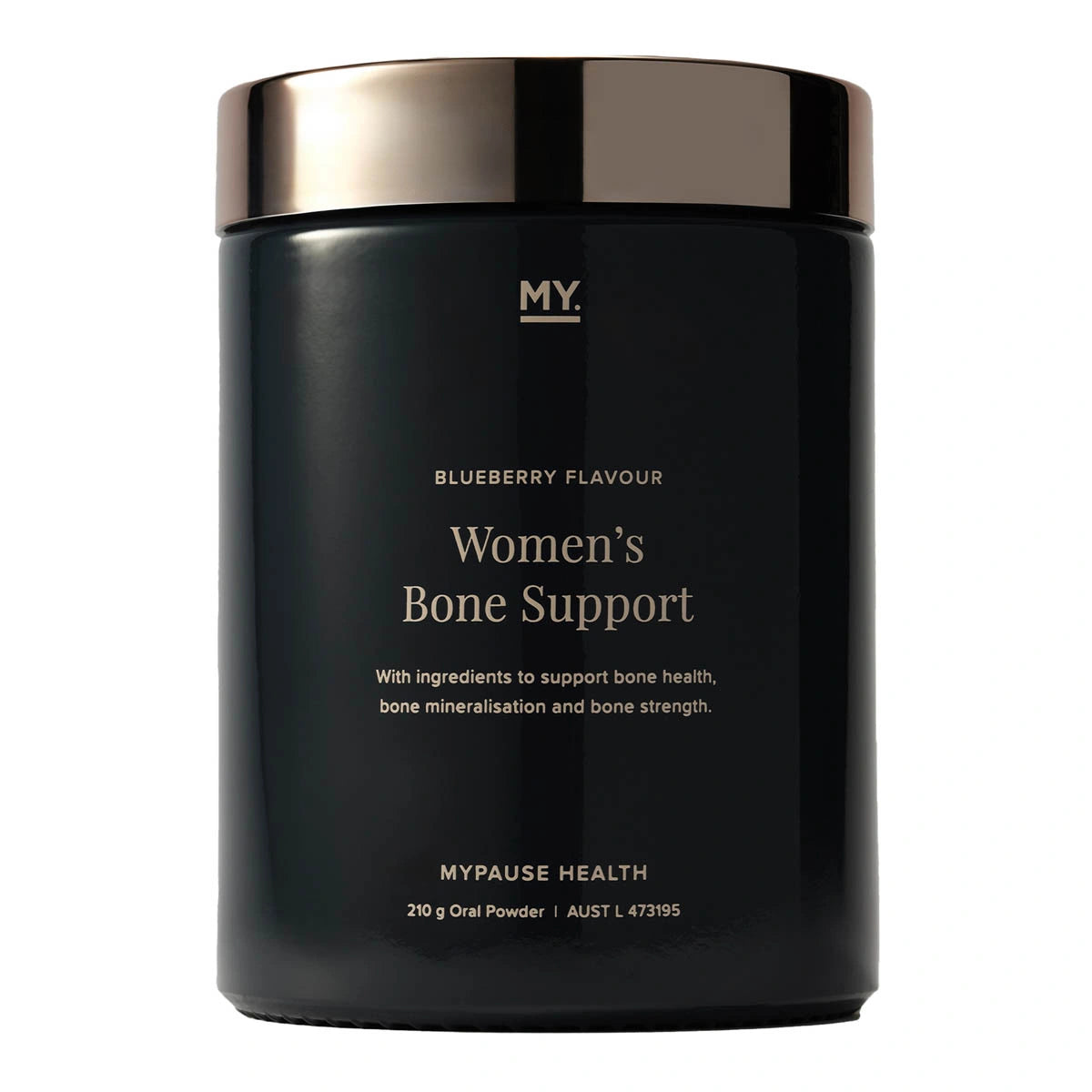 A black cylindrical jar of MYPause Health Women's Bone Support powder with a metallic rose gold lid, on a solid white background.