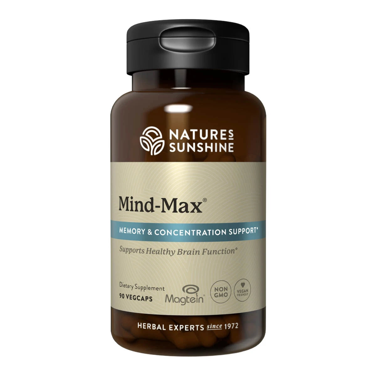 Nature's Sunshine Mind-Max dietary supplement bottle, featuring a dark amber brown bottle, a black cap, and a beige label with blue accents, on a solid white background.