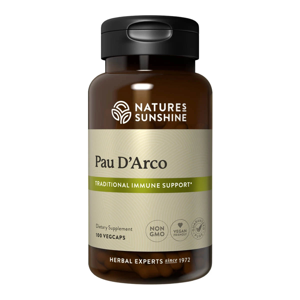 Nature's Sunshine Pau D'Arco in a brown supplement bottle with black cap. Traditional immune support. 100 vege caps.