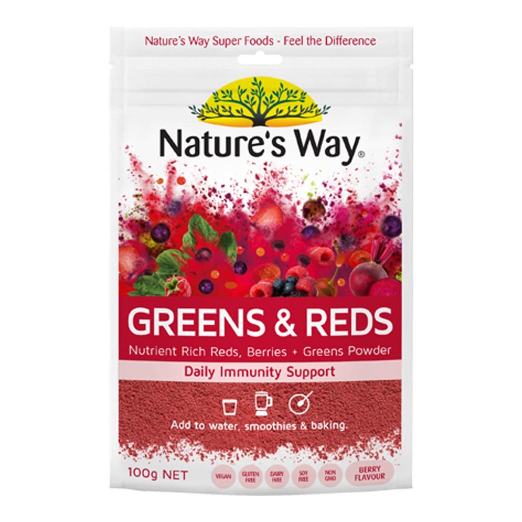 Nature's Way Greens & Reds supplement package with colorful design on a white background.
