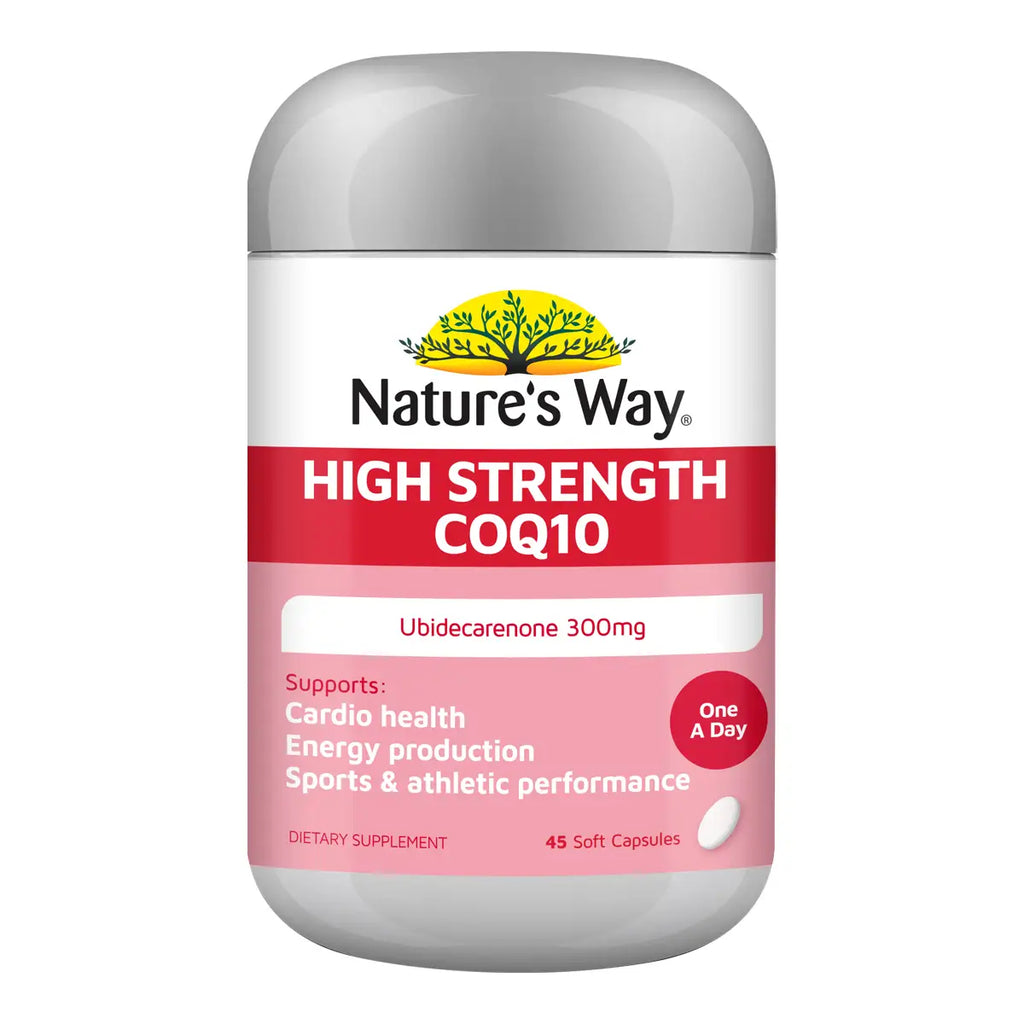 Nature's Way High Strength CoQ10 dietary supplement bottle with a white, pink, and red label and a gray cap.