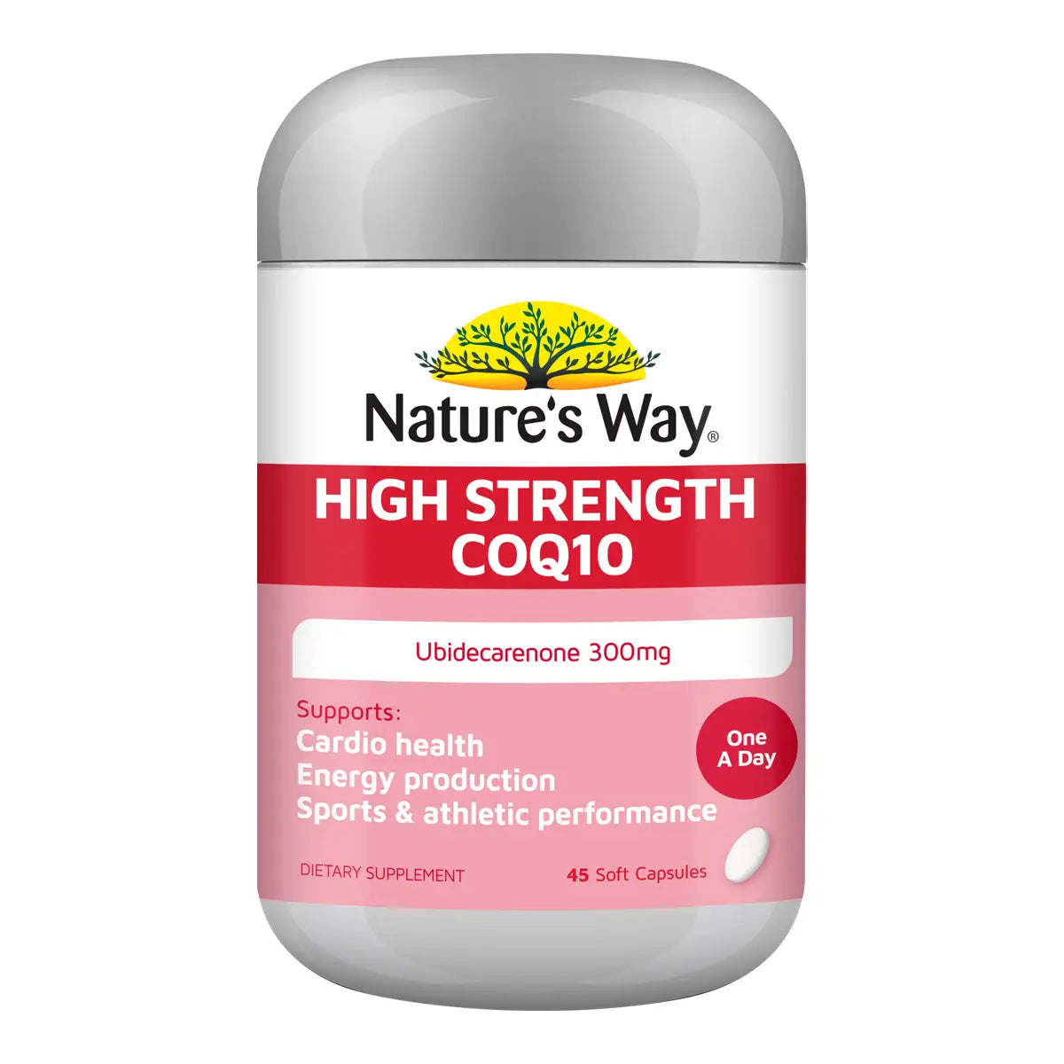 Nature's Way High Strength CoQ10 dietary supplement bottle with a white, pink, and red label and a gray cap.