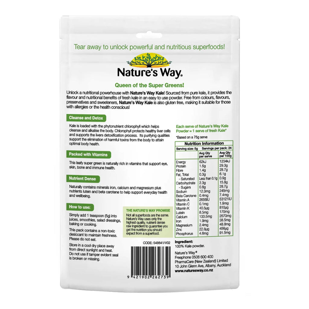 Back of Kale powder pouch showing ingredients, nutrition information, directions & product benefits.