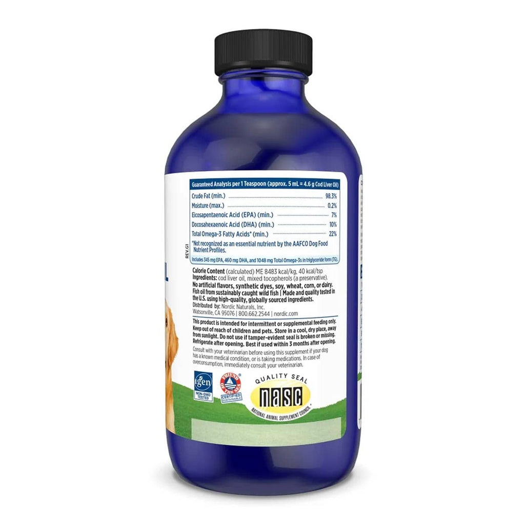Side of Nordic Naturals Pet Cod Liver Oil showing ingredients and other information. 