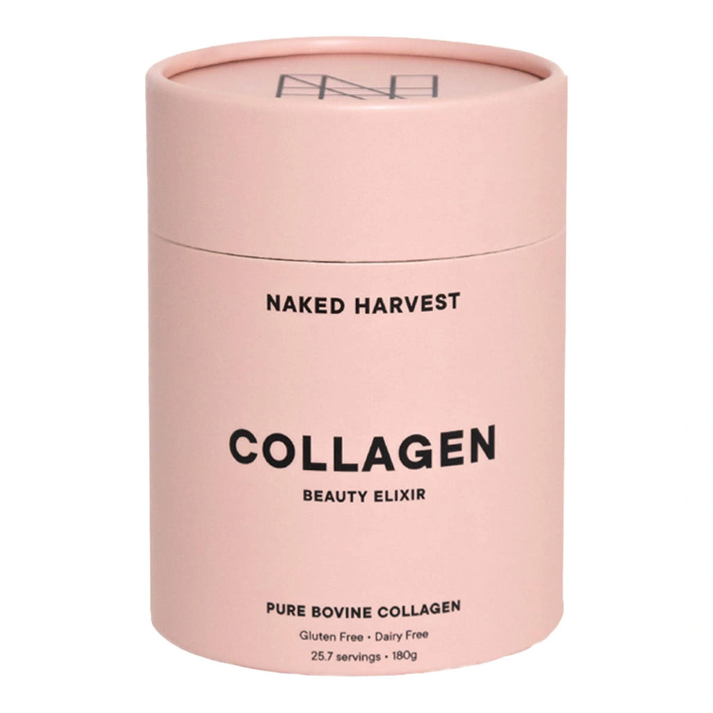 Pink container of Nu Harvest (formerly Naked Harvest) Collagen Beauty Elixir - pure bovine on a white background. Gluten & dairy-free.
