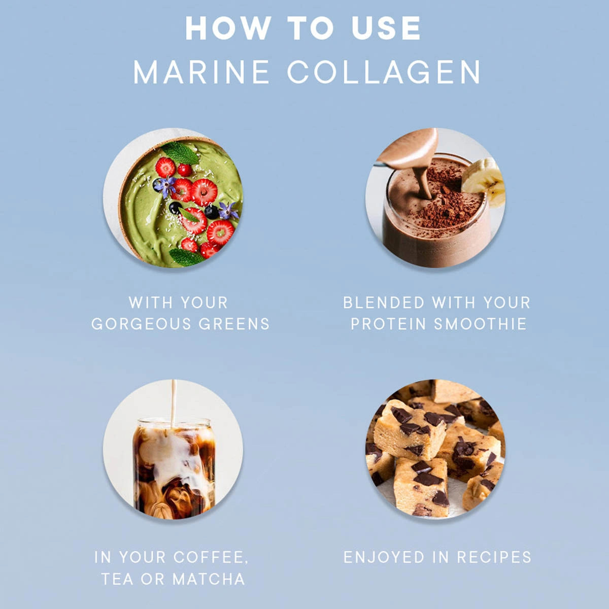 Instructions on how to use marine collagen with various food items on a blue background