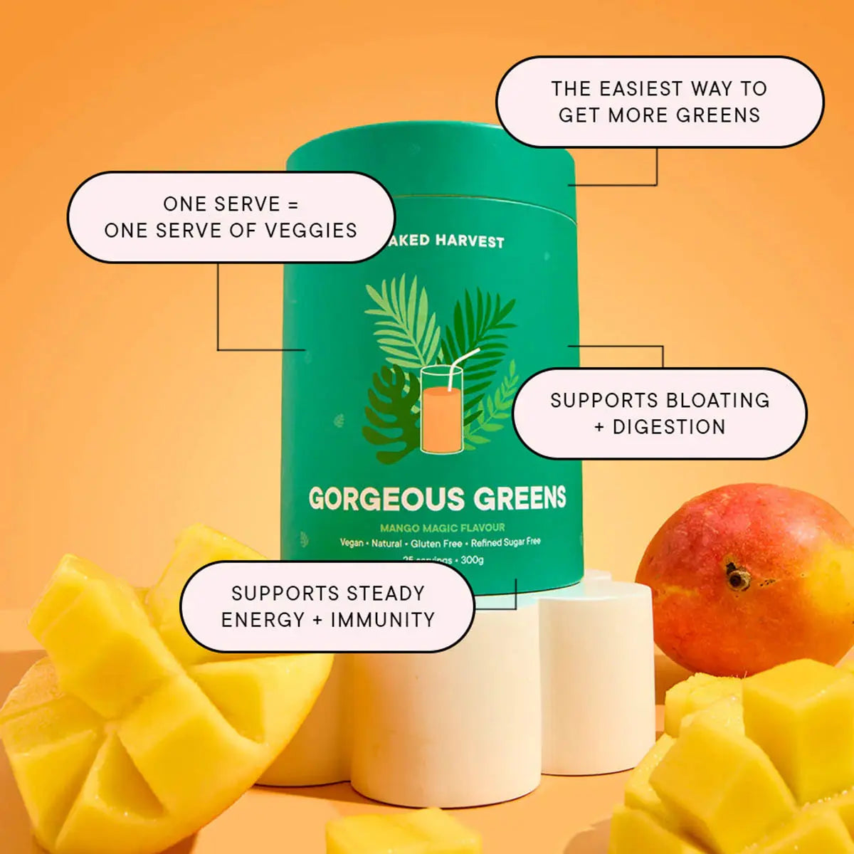 Green container labeled 'Gorgeous Greens' with text about its benefits on an orange background.