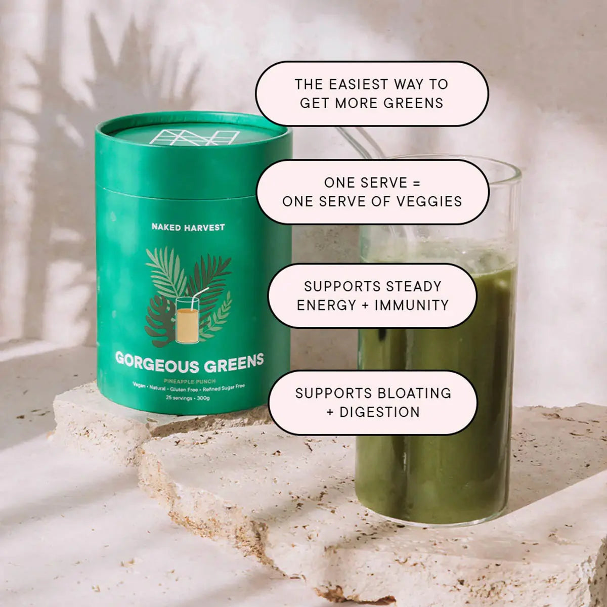 Nu Harvest Gorgeous Greens container and glass of green juice on a light background. Product benefits listed. 1 serve = 1 serve of veggies.