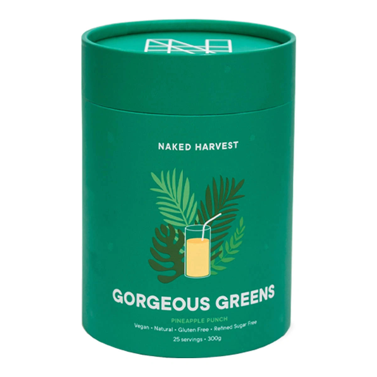 Green container labeled 'Naked Harvest Gorgeous Greens' with leaf and juice illustration on a white background. Pineapple punch. Vegan, natural, gluten free, refined sugar free.