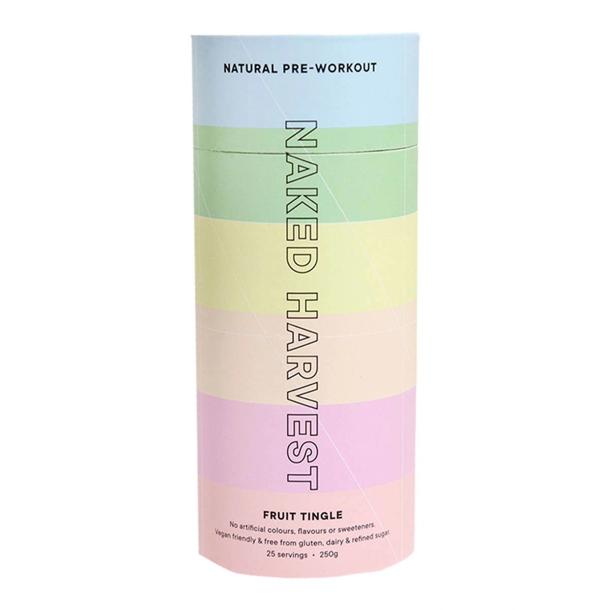 Naked Harvest natural pre-workout supplement container with pastel gradient design on a white background
