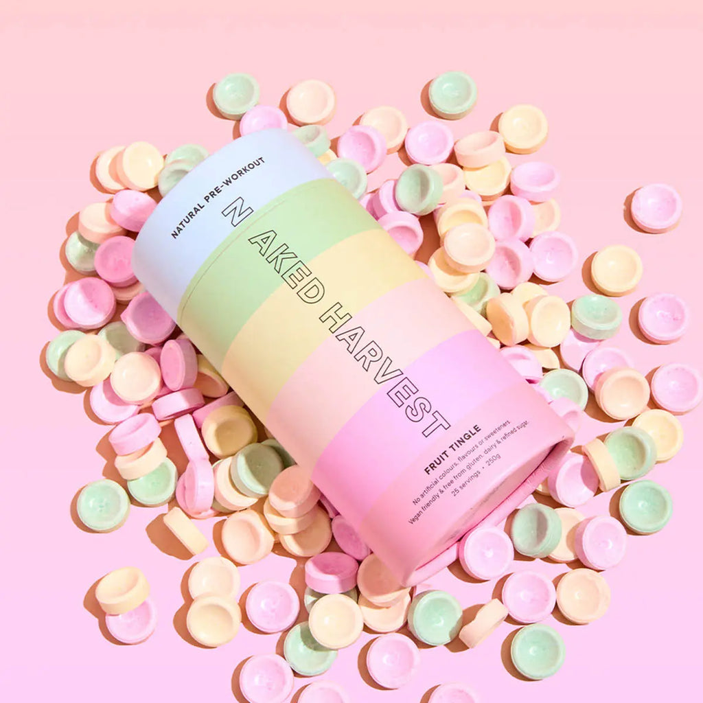 Naked Harvest product on a pink background with colourful fruit sherbets.