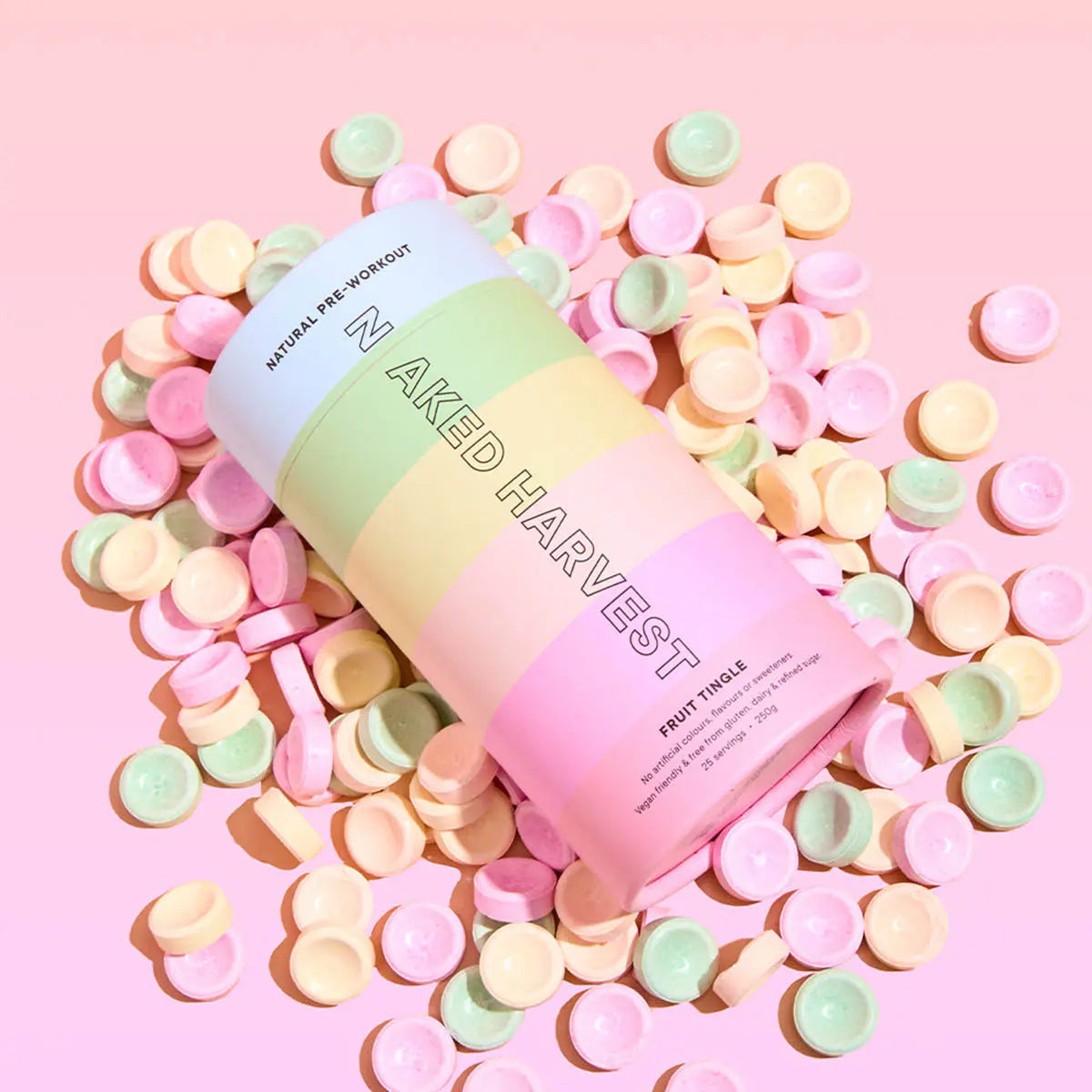 Naked Harvest product on a pink background with colourful fruit sherbets.