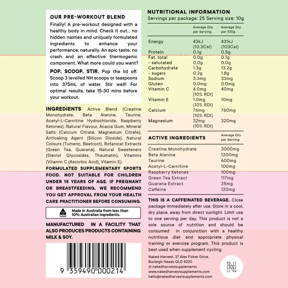 Nutritional information label for a pre-workout supplement with a colorful gradient background.