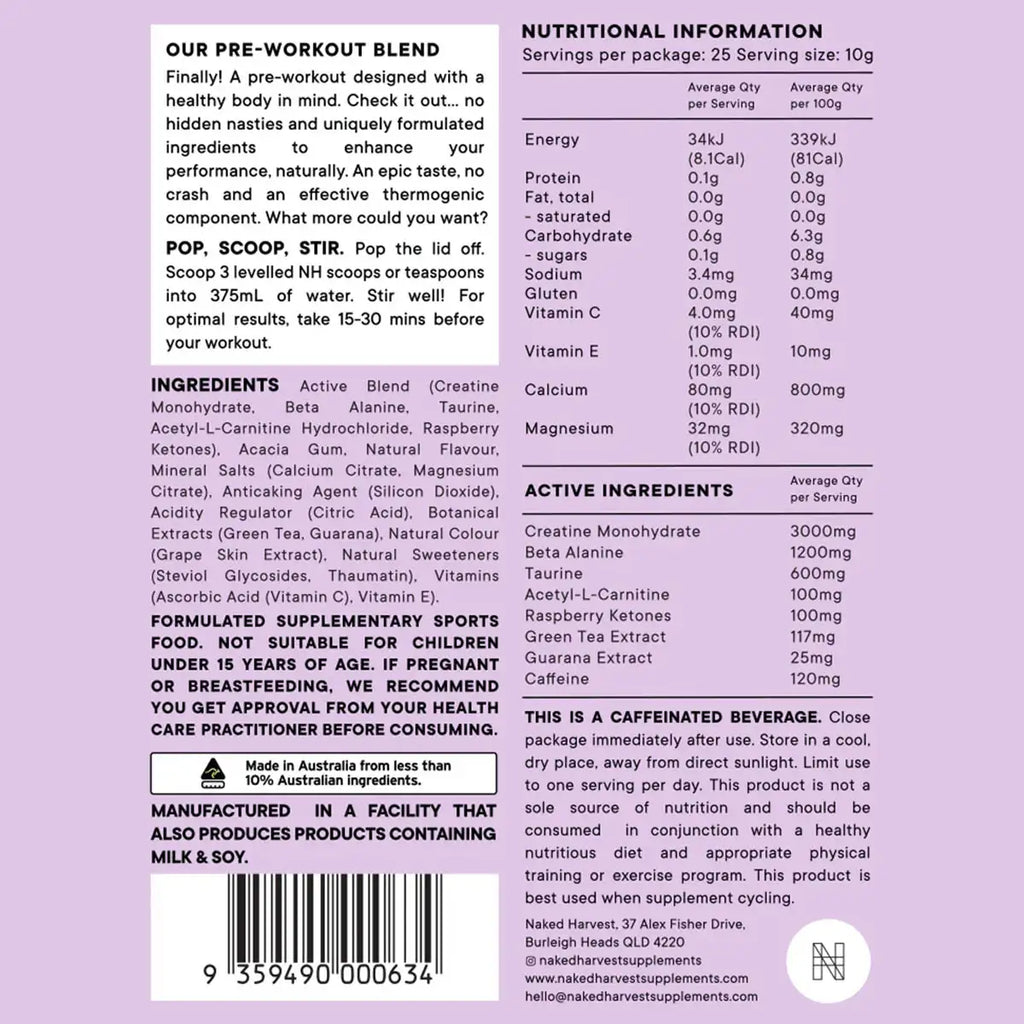 Nutritional information and ingredient list for a pre-workout supplement on a purple background